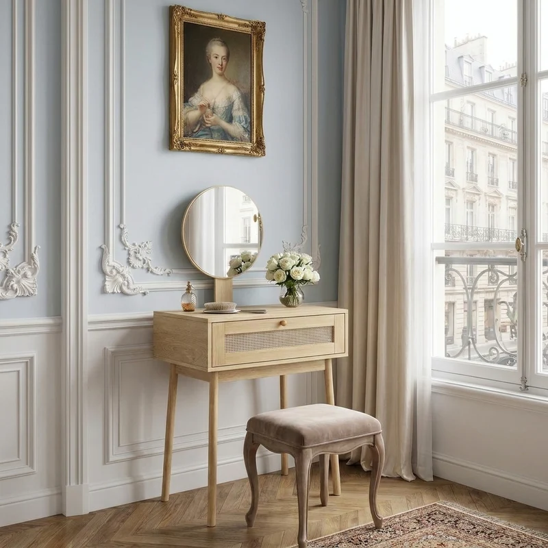 Coiffeuse compacte effet chêne en rotin 60x50cm avec miroir, style bohème (sans tabouret) LAMP FLOW