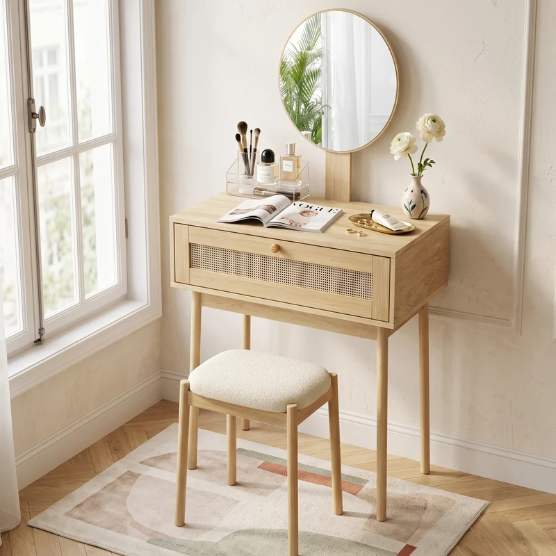Coiffeuse compacte effet chêne en rotin 60x50cm avec miroir, style bohème (sans tabouret) LAMP FLOW