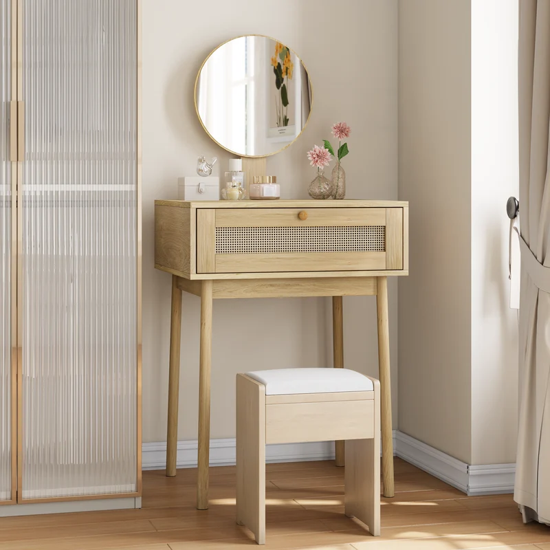 Coiffeuse compacte effet chêne en rotin 60x50cm avec miroir, style bohème (sans tabouret) LAMP FLOW