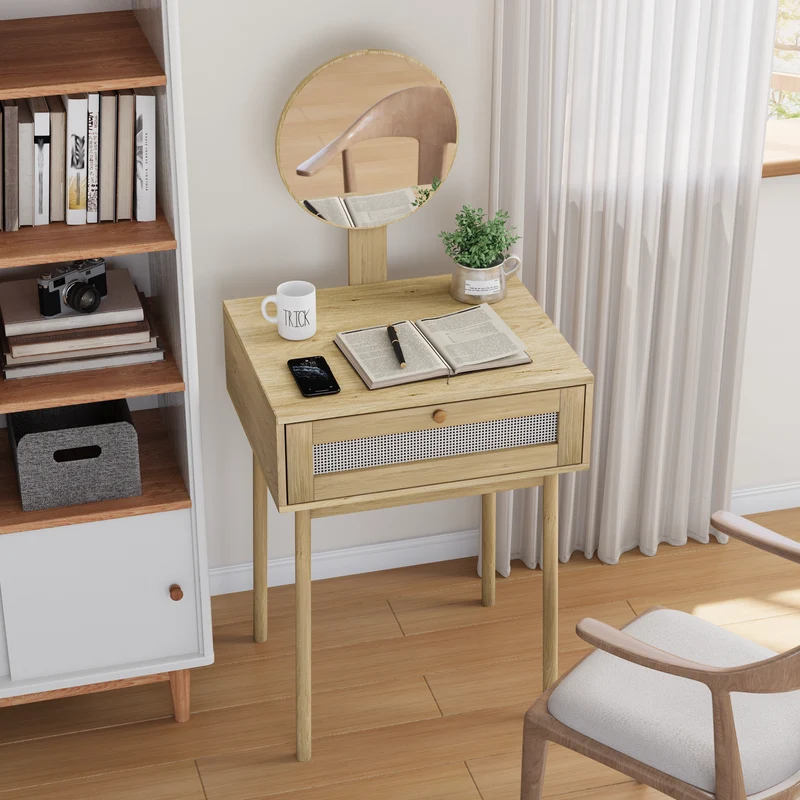 Coiffeuse compacte effet chêne en rotin 60x50cm avec miroir, style bohème (sans tabouret) LAMP FLOW