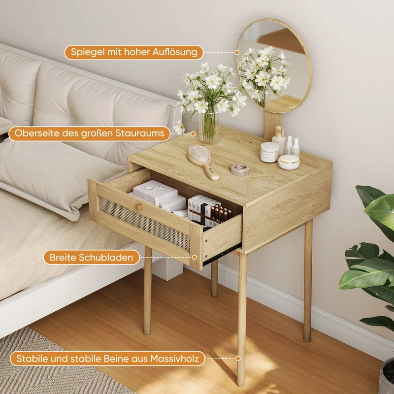 Coiffeuse compacte effet chêne en rotin 60x50cm avec miroir, style bohème (sans tabouret) LAMP FLOW