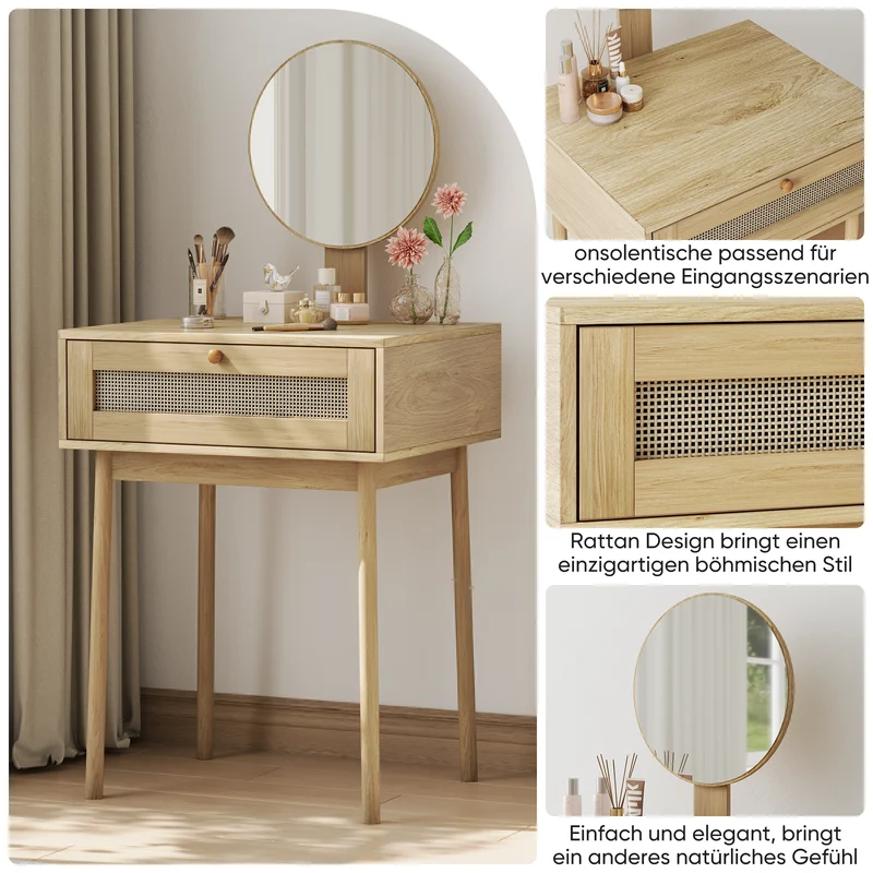 Coiffeuse compacte effet chêne en rotin 60x50cm avec miroir, style bohème (sans tabouret) LAMP FLOW