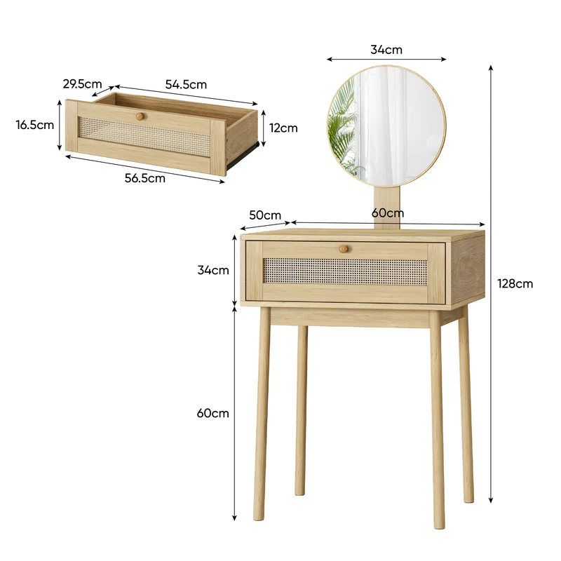 Coiffeuse compacte effet chêne en rotin 60x50cm avec miroir, style bohème (sans tabouret) LAMP FLOW