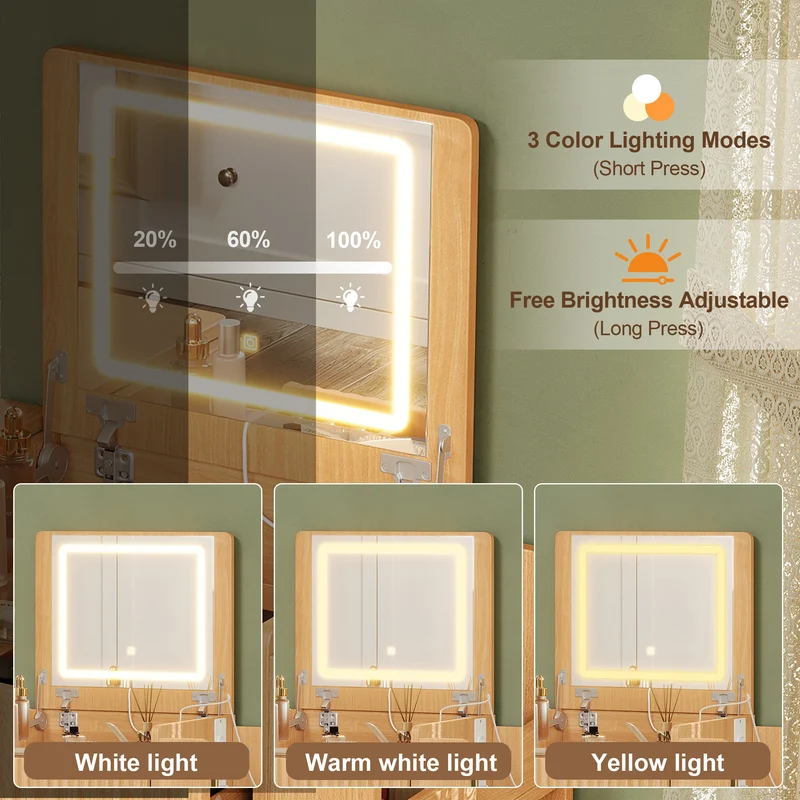 Coiffeuse compacte avec miroir LED rabattable, station de charge intégrée, 3 tiroirs et tabouret à roulettes MODERNLINENONE