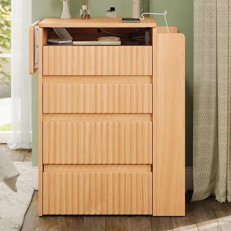 Coiffeuse compacte avec miroir LED rabattable, station de charge intégrée, 3 tiroirs et tabouret à roulettes MODERNLINENONE