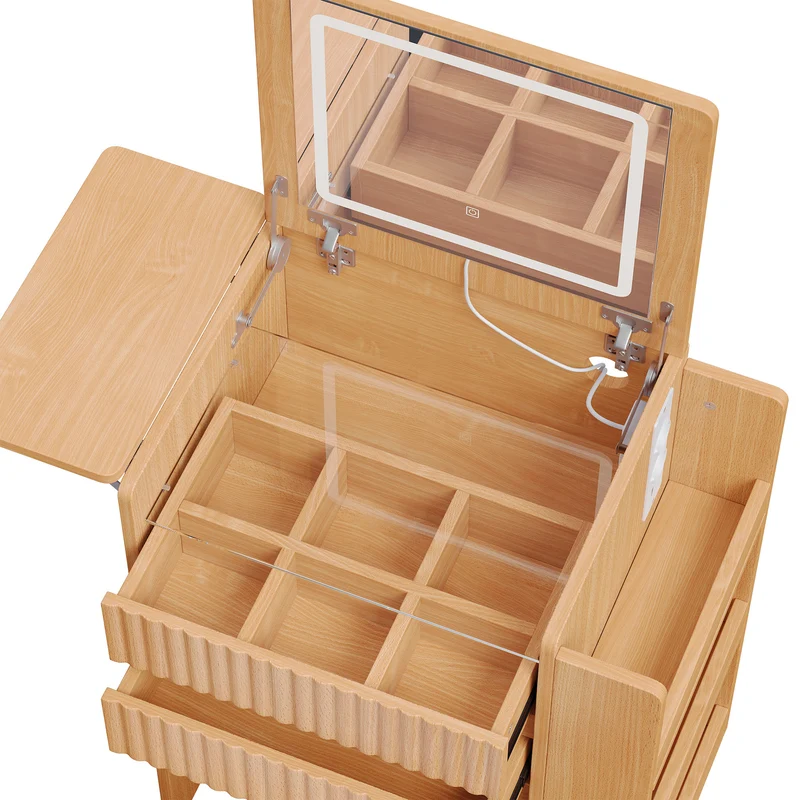 Coiffeuse compacte avec miroir LED rabattable, station de charge intégrée, 3 tiroirs et tabouret à roulettes MODERNLINENONE