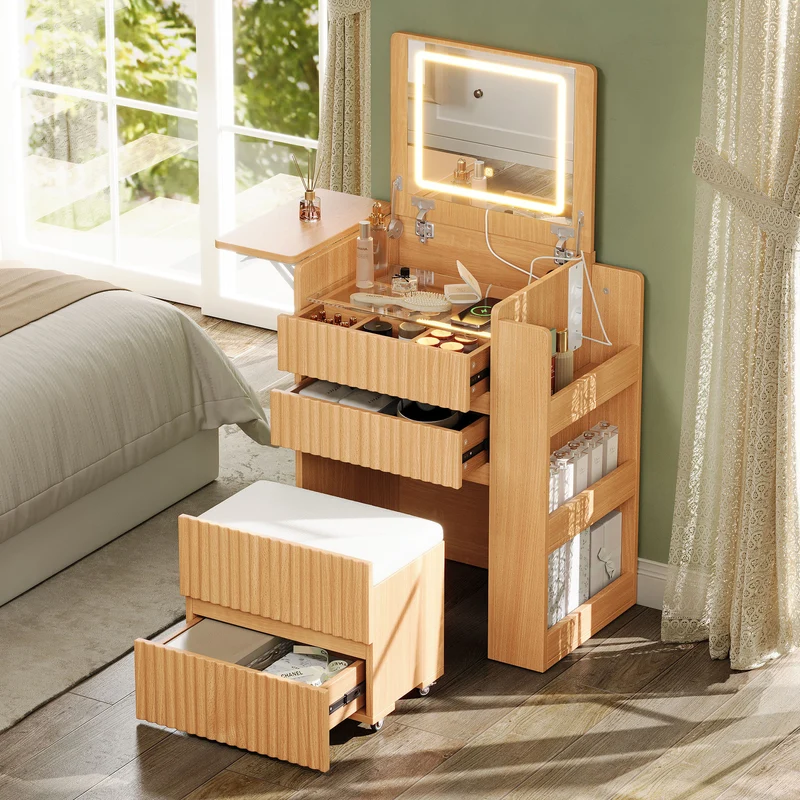 Coiffeuse compacte avec miroir LED rabattable, station de charge intégrée, 3 tiroirs et tabouret à roulettes MODERNLINENONE
