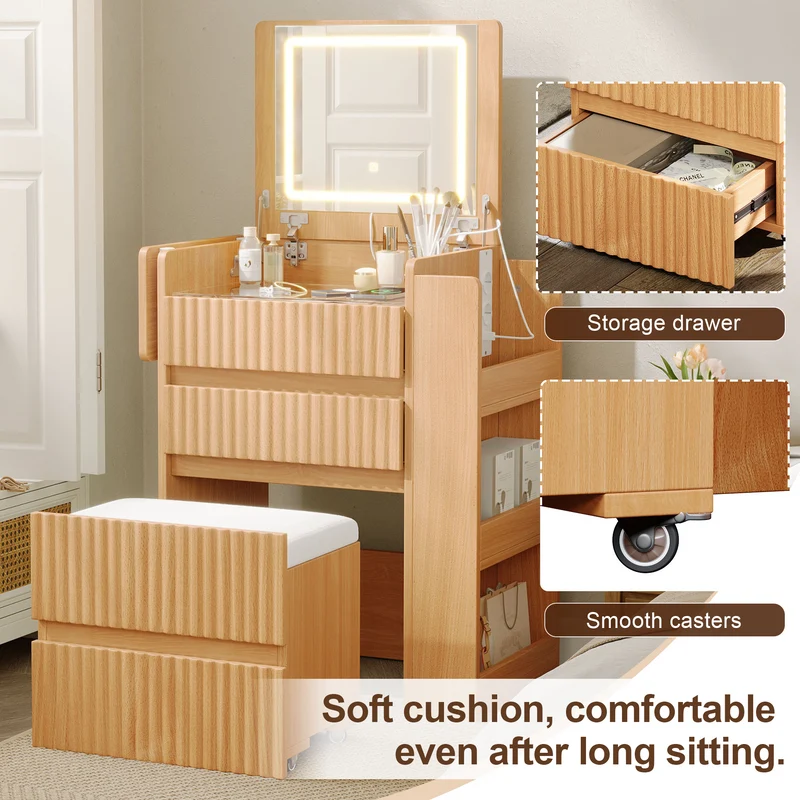 Coiffeuse compacte avec miroir LED rabattable, station de charge intégrée, 3 tiroirs et tabouret à roulettes MODERNLINENONE