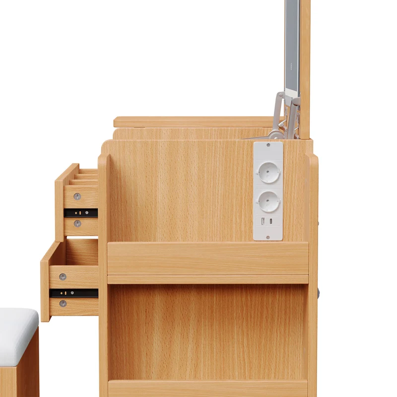 Coiffeuse compacte avec miroir LED rabattable, station de charge intégrée, 3 tiroirs et tabouret à roulettes MODERNLINENONE