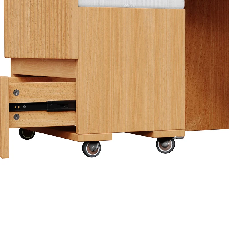 Coiffeuse compacte avec miroir LED rabattable, station de charge intégrée, 3 tiroirs et tabouret à roulettes MODERNLINENONE