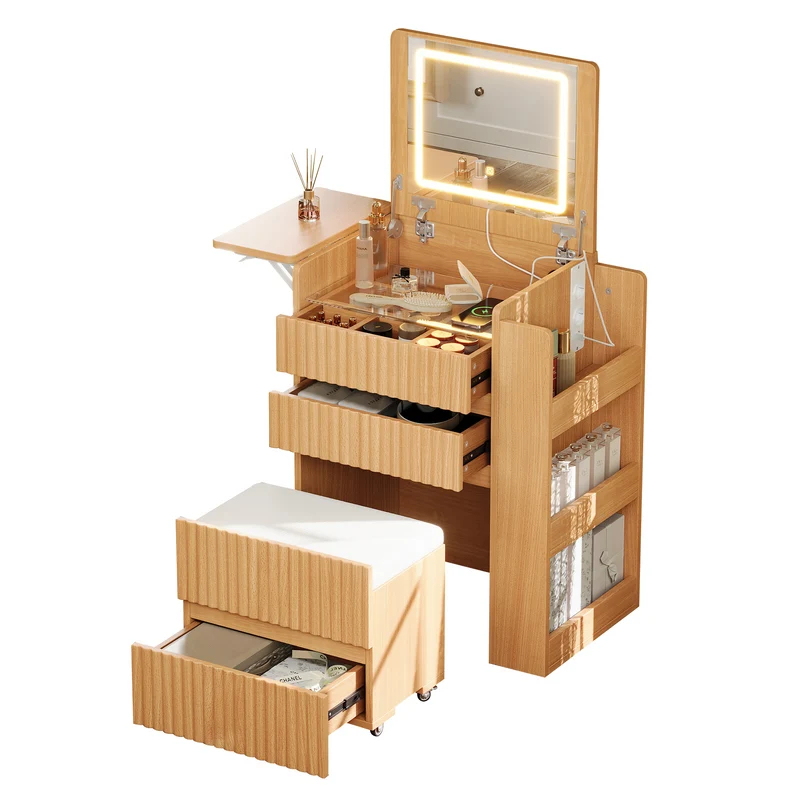 Coiffeuse compacte avec miroir LED rabattable, station de charge intégrée, 3 tiroirs et tabouret à roulettes MODERNLINENONE
