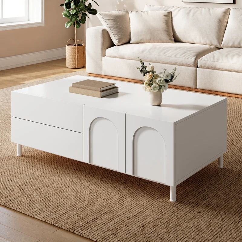 Table basse blanche rectangulaire motif arc 2 tiroirs et 2 portes 100x50cm MODERNDESKSET