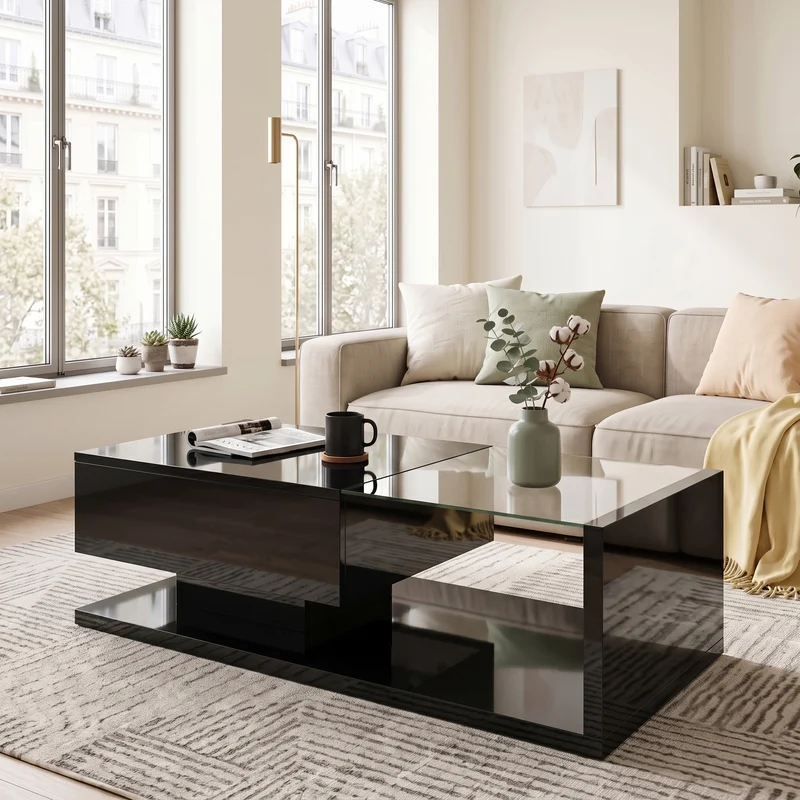 Table basse noire brillante en verre et LED, rangement intégré 105x55 cm MODERNSCREENHOME