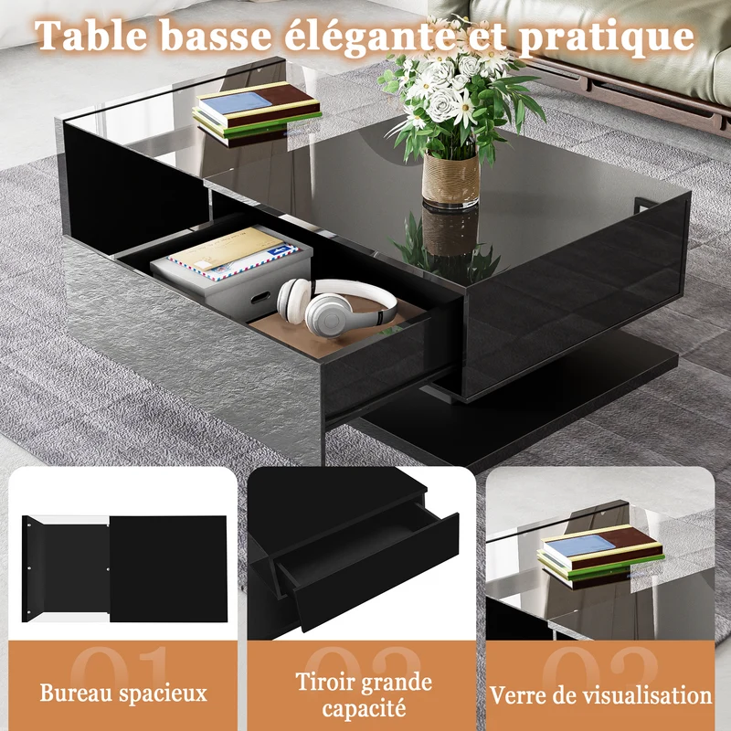 Table basse noire brillante en verre et LED, rangement intégré 105x55 cm MODERNSCREENHOME