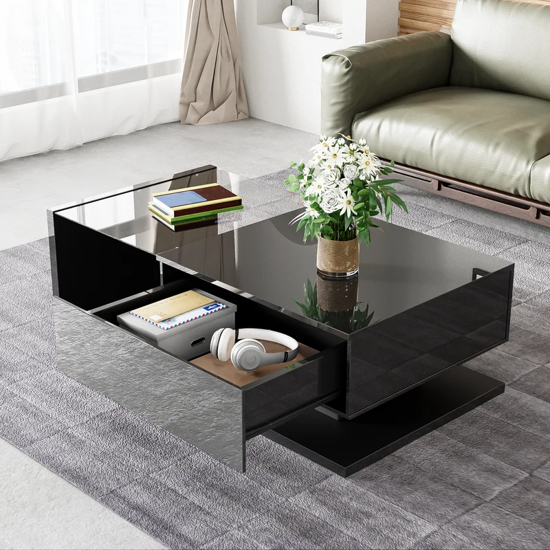 Table basse noire brillante en verre et LED, rangement intégré 105x55 cm MODERNSCREENHOME