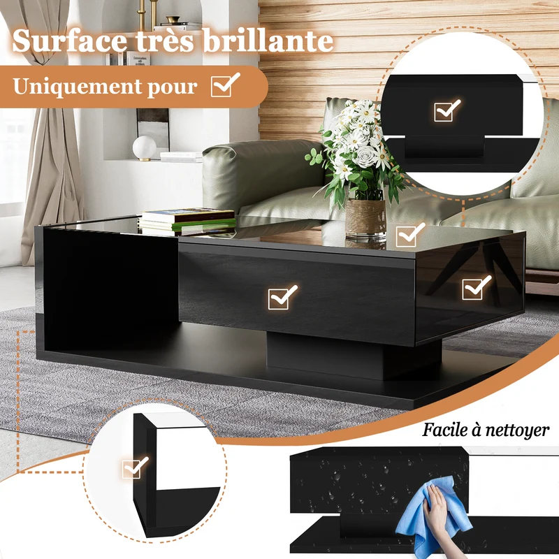 Table basse noire brillante en verre et LED, rangement intégré 105x55 cm MODERNSCREENHOME