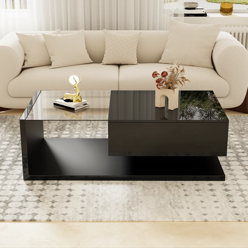 Table basse noire brillante en verre et LED, rangement intégré 105x55 cm MODERNSCREENHOME