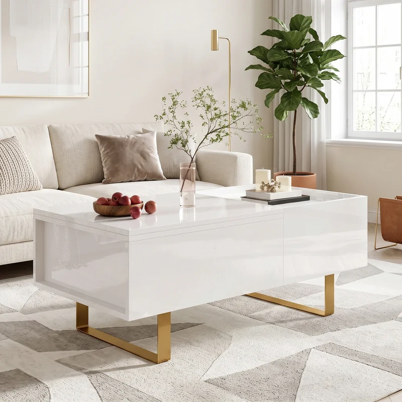Table basse relevable blanc brillant réglable avec rangement, tiroir et pieds dorés 100x50cm MODERNFLOORSET