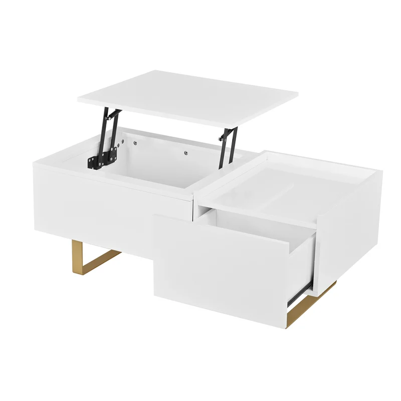 Table basse relevable blanc brillant réglable avec rangement, tiroir et pieds dorés 100x50cm MODERNFLOORSET