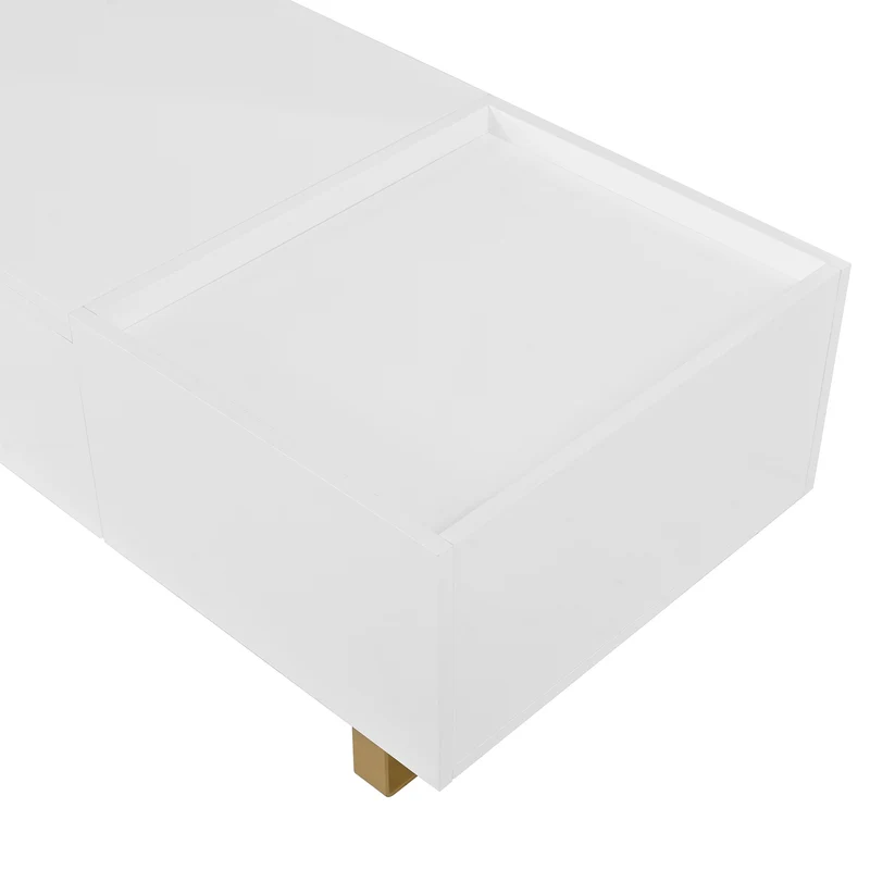Table basse relevable blanc brillant réglable avec rangement, tiroir et pieds dorés 100x50cm MODERNFLOORSET