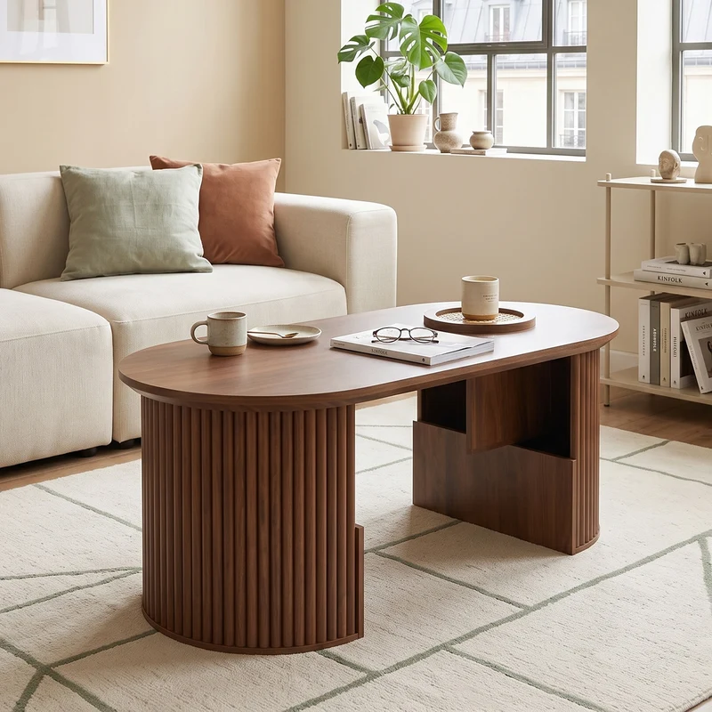 Table basse ovale effet noyer avec rangement tressé 105x50x46,5cm MODERNRACKSET