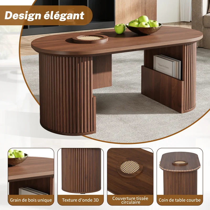 Table basse ovale effet noyer avec rangement tressé 105x50x46,5cm MODERNRACKSET