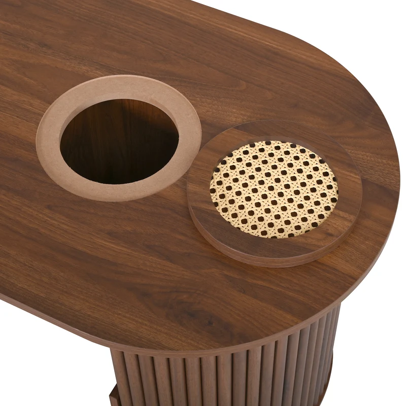 Table basse ovale effet noyer avec rangement tressé 105x50x46,5cm MODERNRACKSET