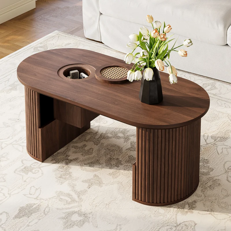 Table basse ovale effet noyer avec rangement tressé 105x50x46,5cm MODERNRACKSET