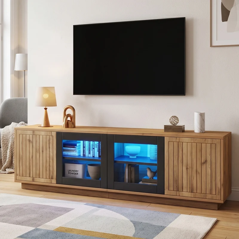 Meuble TV effet bois naturel & noir et vitrine avec LED 4 portes MODERNSTOOLHOME