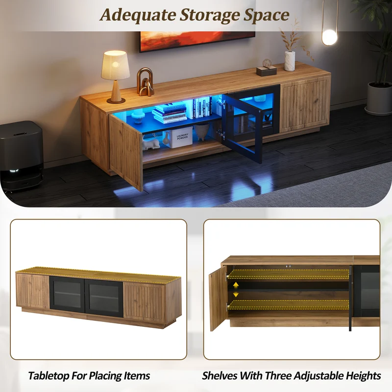 Meuble TV effet bois naturel & noir et vitrine avec LED 4 portes MODERNSTOOLHOME