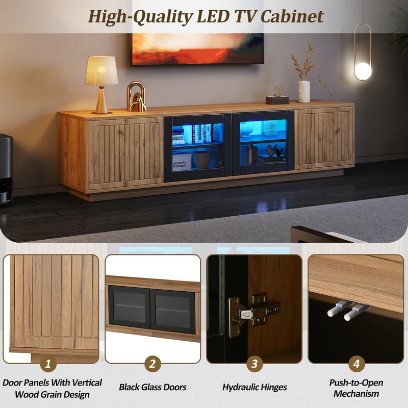 Meuble TV effet bois naturel & noir et vitrine avec LED 4 portes MODERNSTOOLHOME