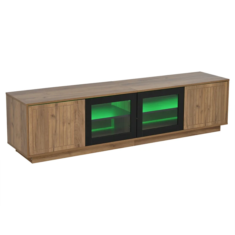 Meuble TV effet bois naturel & noir et vitrine avec LED 4 portes MODERNSTOOLHOME