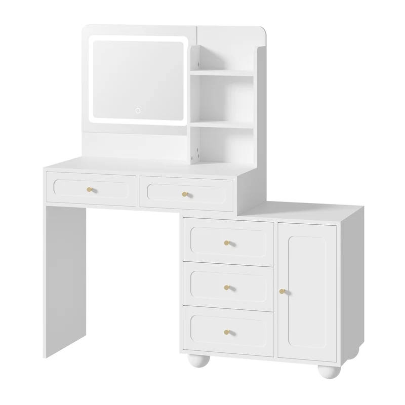 Coiffeuse moderne blanche avec miroir LED 3 modes, 5 tiroirs, 1 porte et étagères MINIMALISTCURTAINHOM