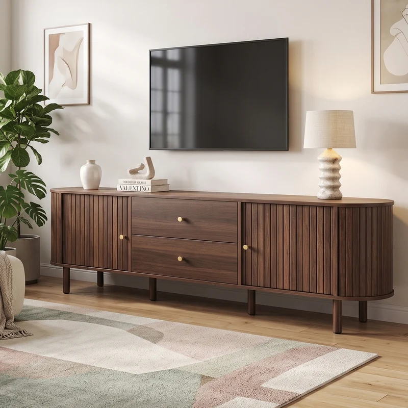Meuble TV ovale effet noyer, avec portes coulissantes et 2 tiroirs 180x40x58cm MODERNCORNERSET