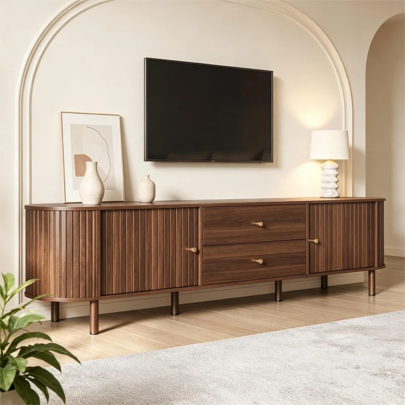 Meuble TV ovale effet noyer, avec portes coulissantes et 2 tiroirs 180x40x58cm MODERNCORNERSET