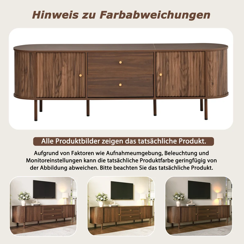 Meuble TV ovale effet noyer, avec portes coulissantes et 2 tiroirs 180x40x58cm MODERNCORNERSET