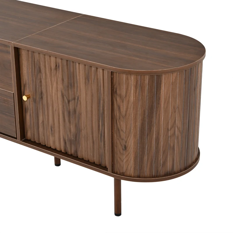 Meuble TV ovale effet noyer, avec portes coulissantes et 2 tiroirs 180x40x58cm MODERNCORNERSET