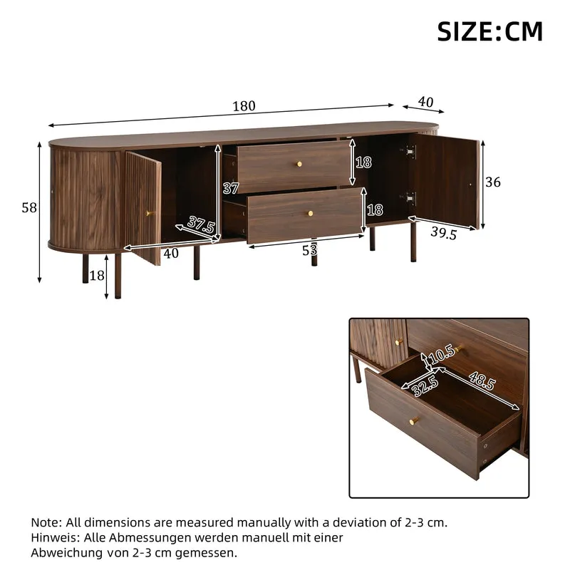 Meuble TV ovale effet noyer, avec portes coulissantes et 2 tiroirs 180x40x58cm MODERNCORNERSET