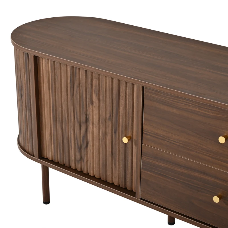 Meuble TV ovale effet noyer, avec portes coulissantes et 2 tiroirs 180x40x58cm MODERNCORNERSET