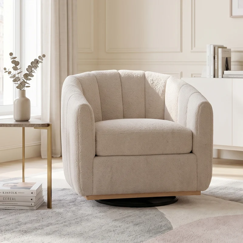 Fauteuil pivotant 360° en chenille beige, design citrouille, pied métal MODERNPANELHOME