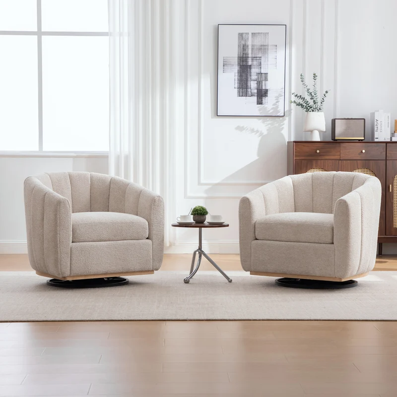 Fauteuil pivotant 360° en chenille beige, design citrouille, pied métal MODERNPANELHOME
