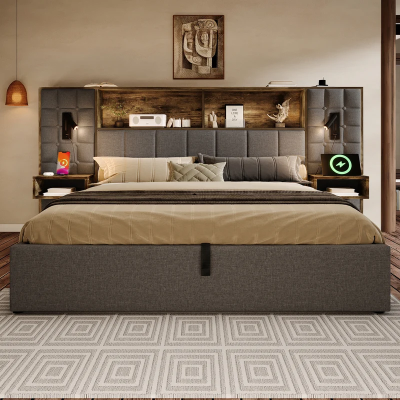 Lit coffre king en lin gris avec tables de chevet suspendues, lampes de lecture et ports USB (160x200cm) MINIMALISTORGANIZERH