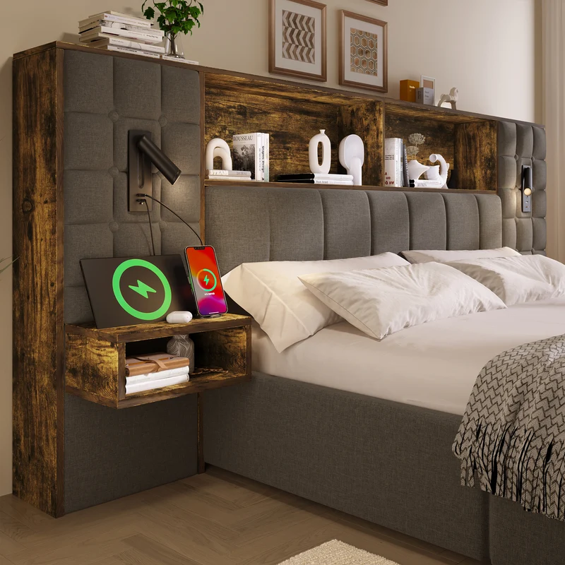 Lit coffre king en lin gris avec tables de chevet suspendues, lampes de lecture et ports USB (160x200cm) MINIMALISTORGANIZERH