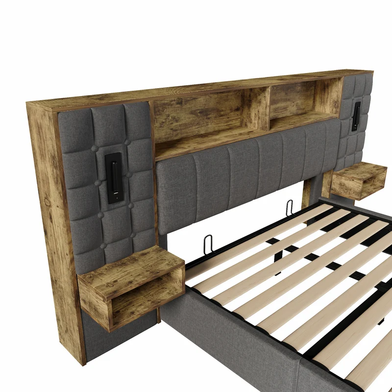 Lit coffre king en lin gris avec tables de chevet suspendues, lampes de lecture et ports USB (160x200cm) MINIMALISTORGANIZERH