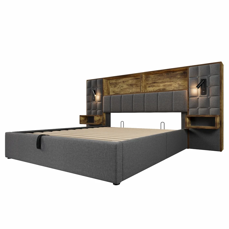 Lit coffre king en lin gris avec tables de chevet suspendues, lampes de lecture et ports USB (160x200cm) MINIMALISTORGANIZERH