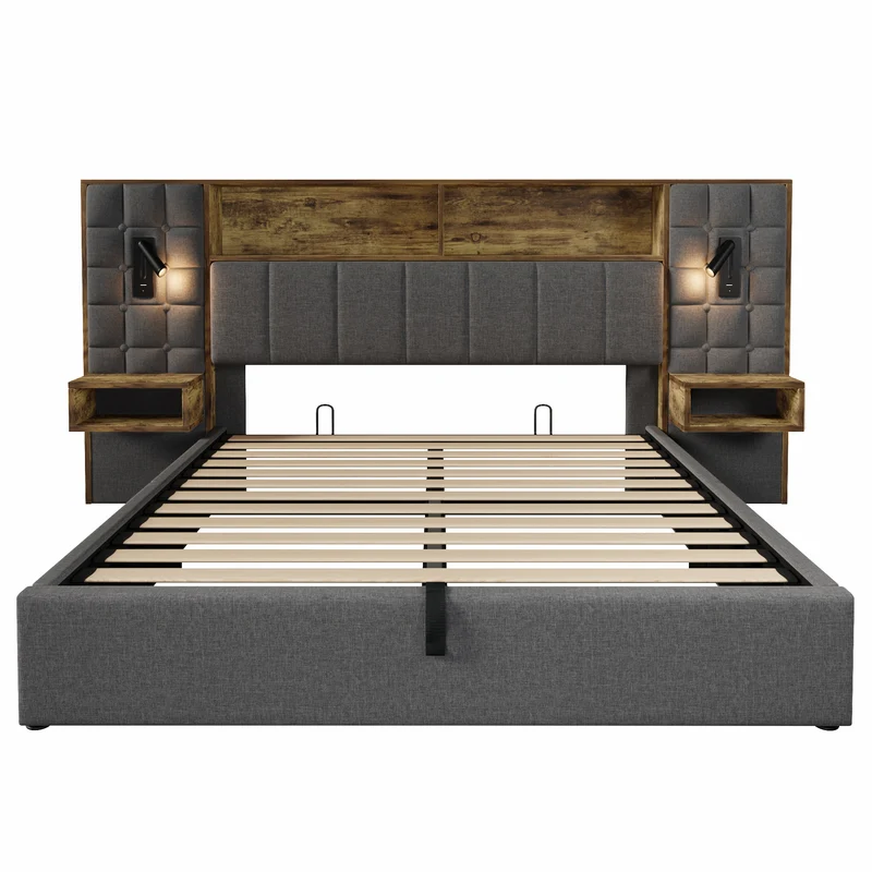 Lit coffre king en lin gris avec tables de chevet suspendues, lampes de lecture et ports USB (160x200cm) MINIMALISTORGANIZERH