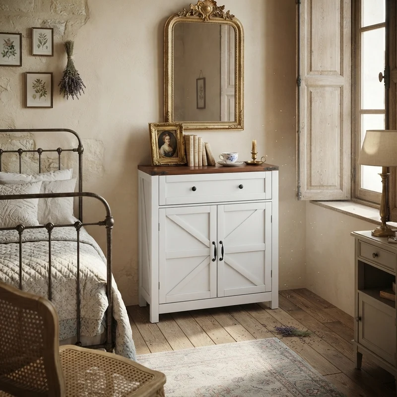Buffet commode style ferme 2 portes et tiroir, plateau effet noyer, 76 cm LUXURY PLANT HOME