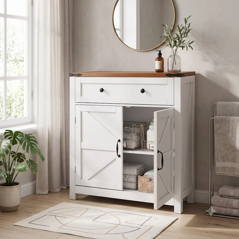 Buffet commode style ferme 2 portes et tiroir, plateau effet noyer, 76 cm LUXURY PLANT HOME