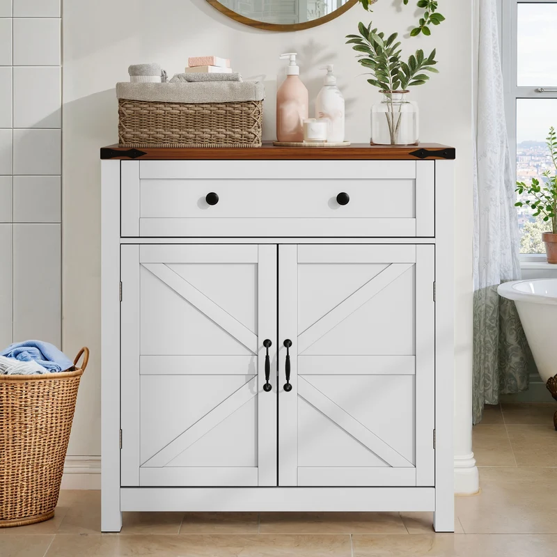 Buffet commode style ferme 2 portes et tiroir, plateau effet noyer, 76 cm LUXURY PLANT HOME