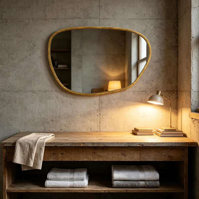 Miroir mural asymétrique en verre trempé, cadre bois naturel 90x60cm IRON PANEL